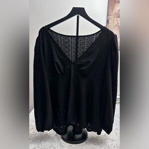 SHEIN Curve Black Eyelet V-Neck Lace Back Long Sleeve Top 0XL